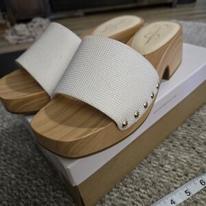 Jessica Simpson White and Tan Mules